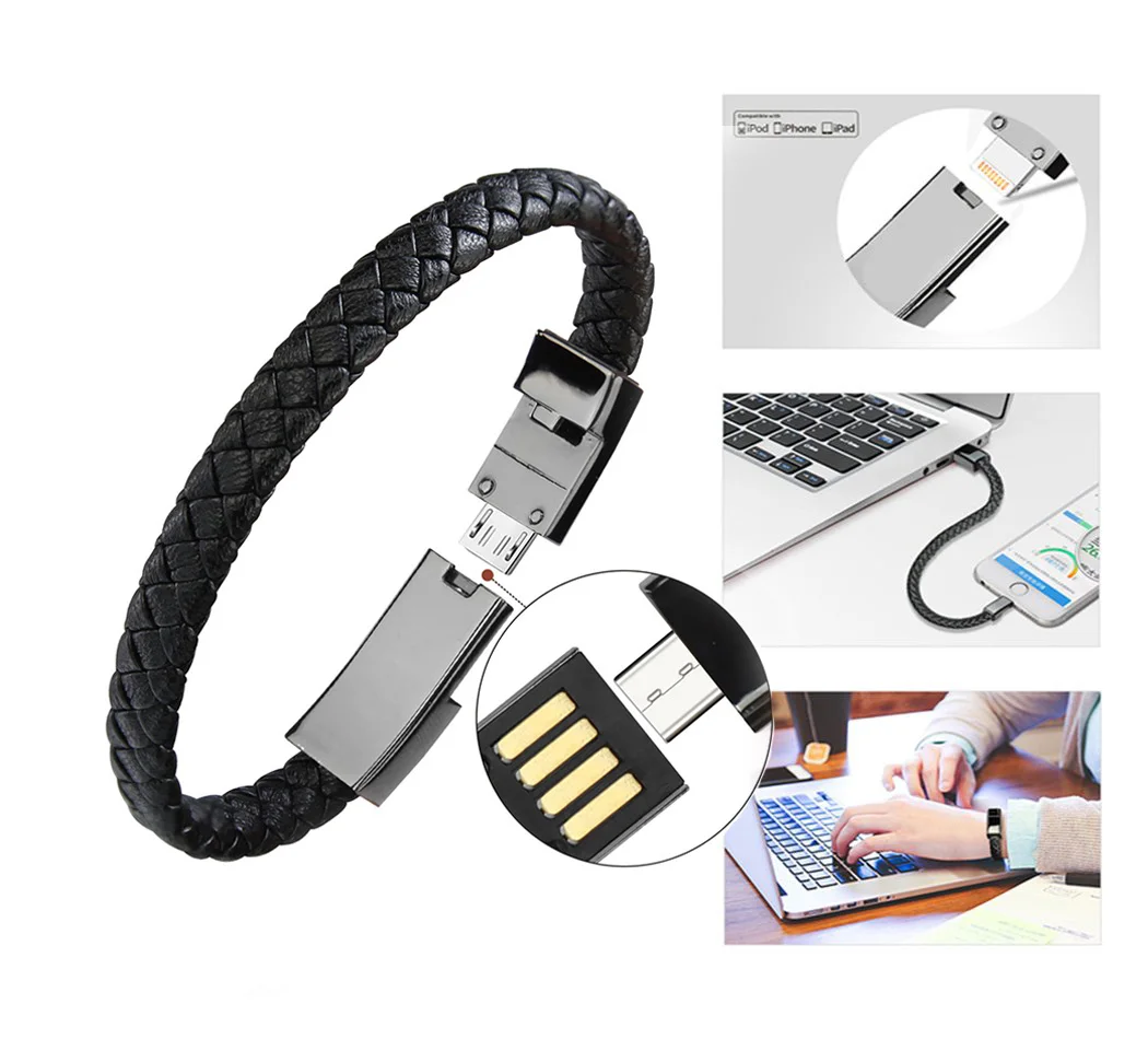 Открытый Портативный кожаный Мини Micro USB браслет зарядное устройство данных