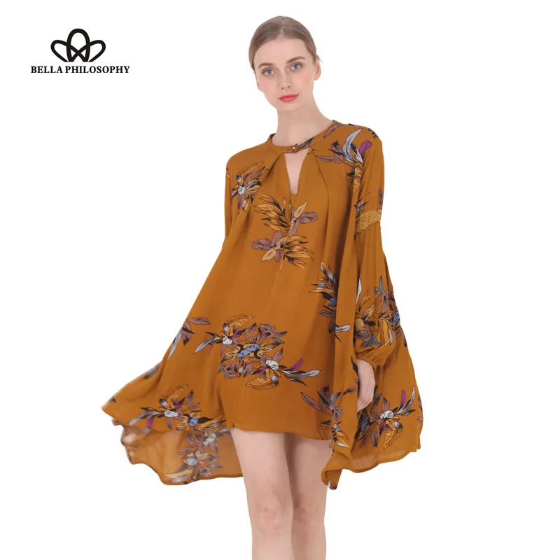 Bella Philosophy 2019 spring summer casual long-sleeved V-neck floral print yellow blue women mini dress | Женская одежда