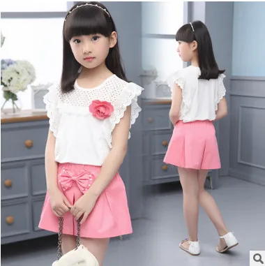 Kids girls short-sleeved suit 2020 new summer children's cotton casual T-shirt big virgin piece shorts girls clothes 3-12 years