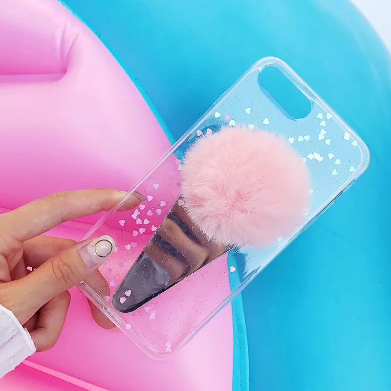 NPHACC Cute DIY Ice Cream Fur Ball Phone Case for Iphone 6 6S Plus 7 8 X Transparent Soft TPU Love Heart Back Cover Coque |