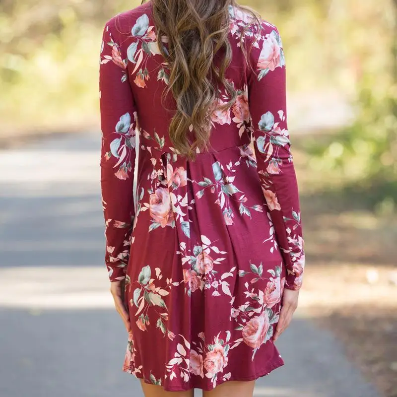 Женское платье с цветочным принтом длинным рукавом и круглым вырезом|boho dress|women