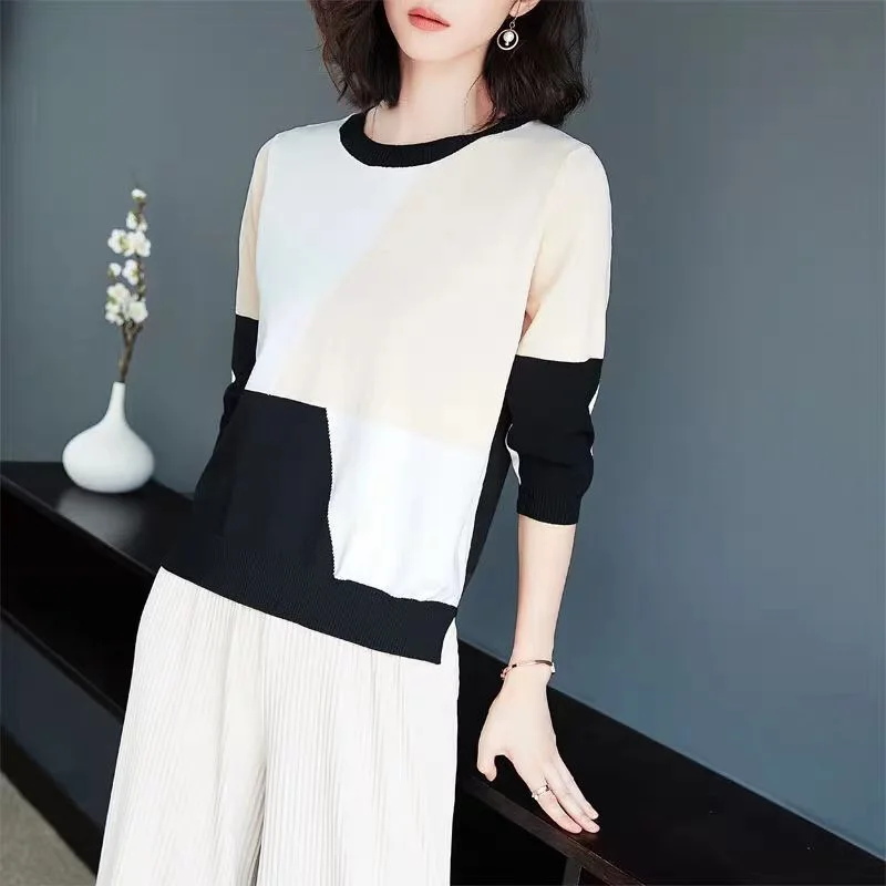 Vangull Summer Contrast Color Women Sweater Casual Half Sleeve Pullovers O-Neck Knitted Tops Jumper Thin Femme Soft | Женская одежда