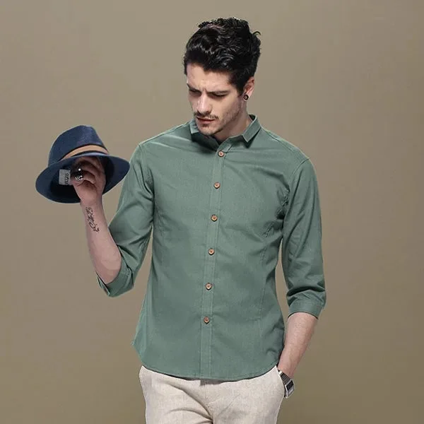Мужские хлопковые рубашки с рукавом три четверти льняные приталенные мужские