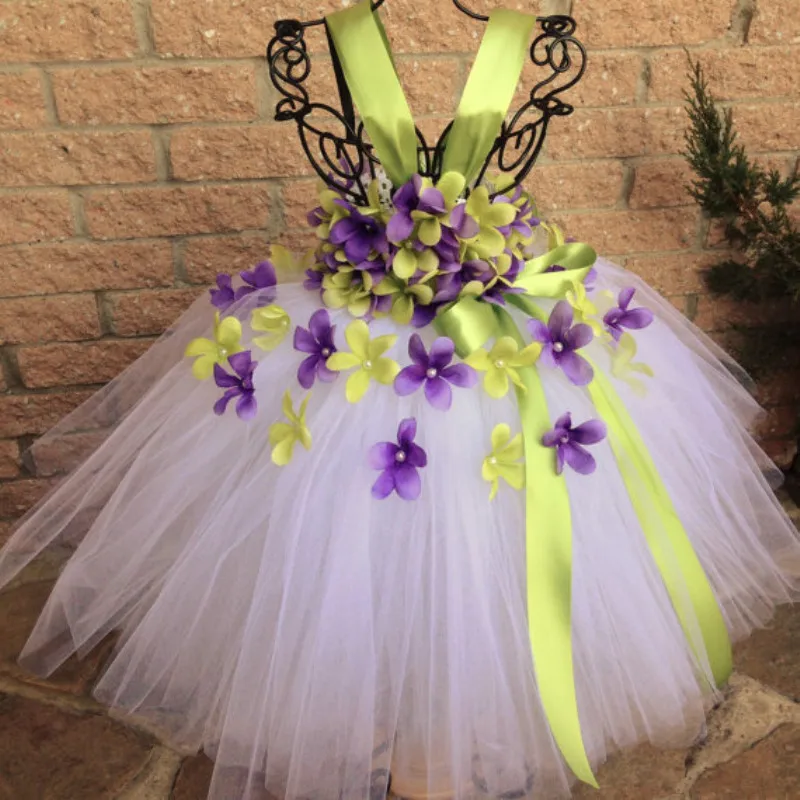 Green Girls Flower Tutu Dress Tulle Garden Fairy Princess Kids Wedding Birthday Party Dresses For Costume 1-14 | Детская одежда и