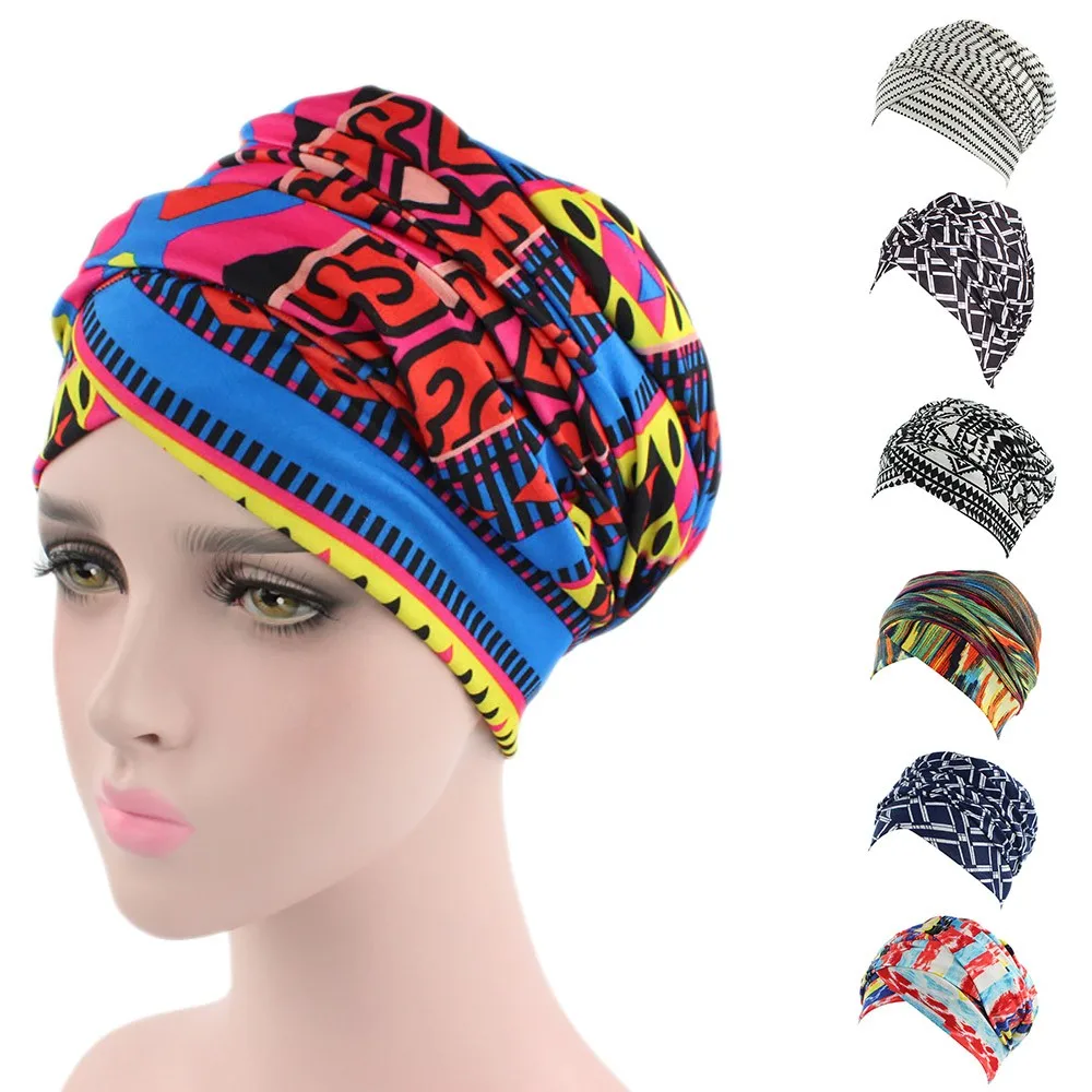 

Women India Muslim Elastic Turban Print Long Tail Hat Head Scarf Wrap Turbante luxury hat Women summer festival touca a415