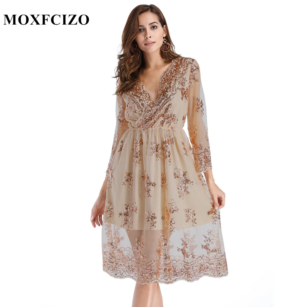 Женское платье с v образным вырезом элегантное вечернее длинным рукавом и