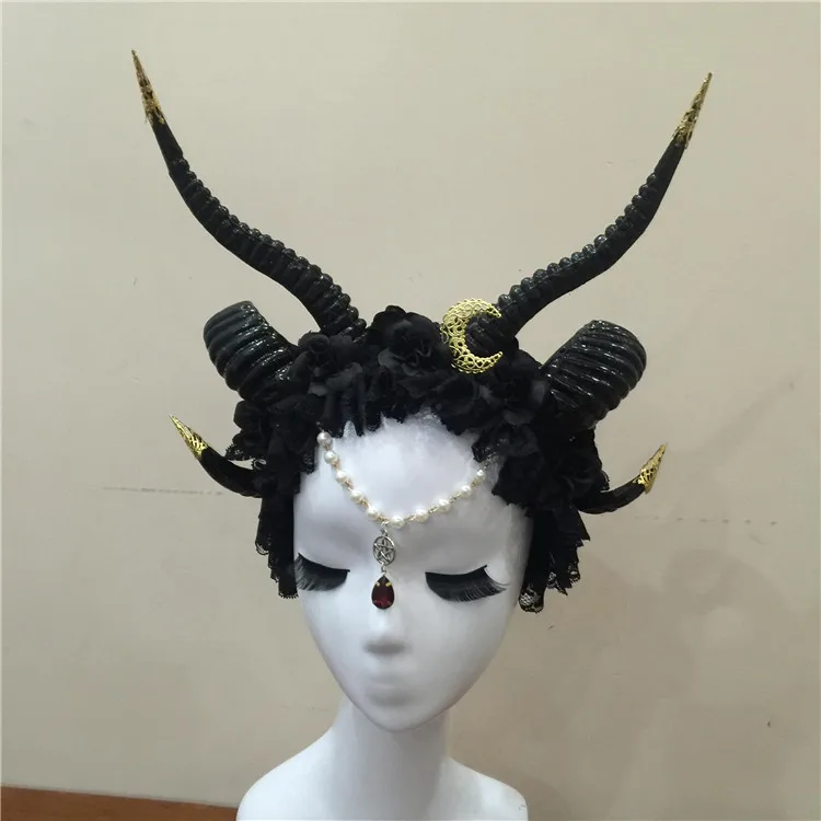 Ободок с рогом Луной Овцы Рог головная повязка тика в стиле панк рога цветы для