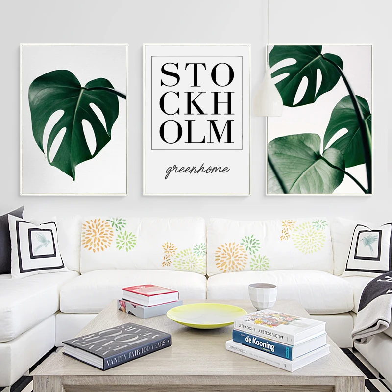 Простые современные растения листья английская фраза A4 холст Художественная