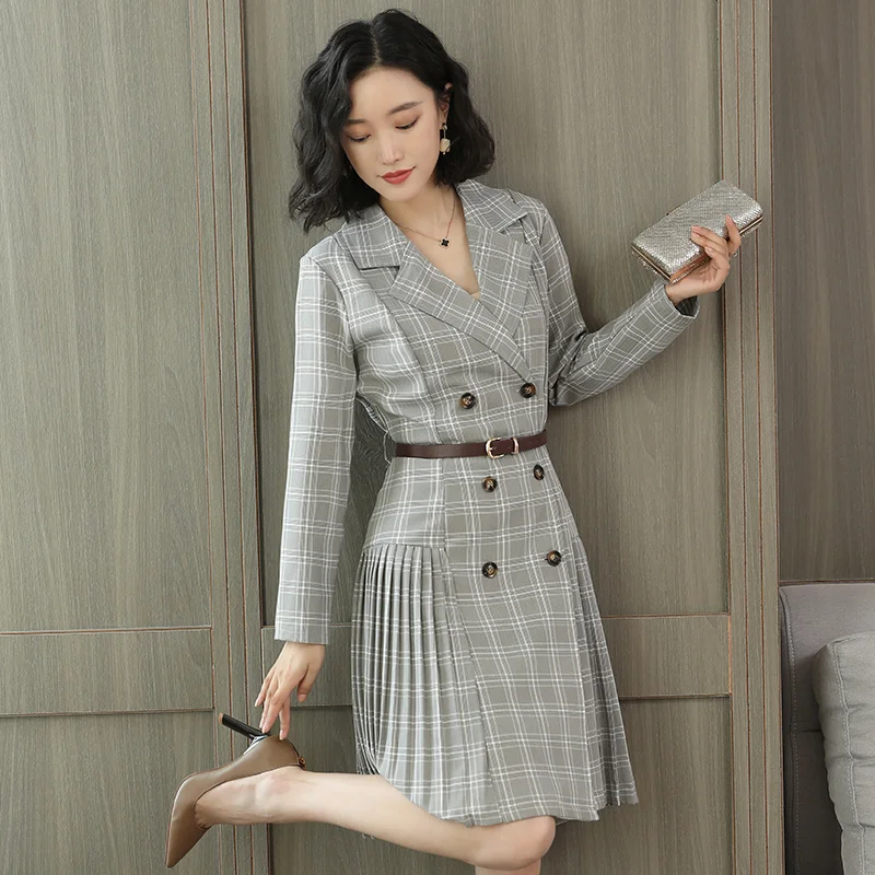 Женское элегантное клетчатое платье офисное блейзер с длинным рукавом v образный