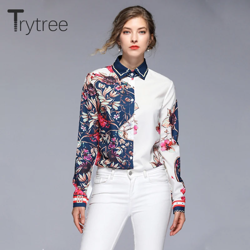 Ttytree осень Асимметричный цветочный принт блузки Повседневная рубашка Женская