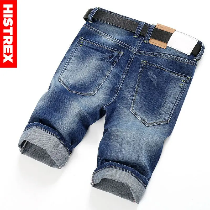 Мужские джинсовые шорты HISTREX летние повседневные синие с дырками большие размеры