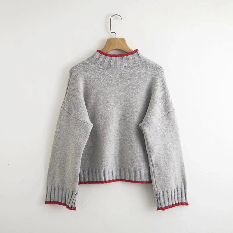 Women Winter Gray Pullover Female Notched Collar Warm Autumn Sweater Irregular Design Red Edge Solid Jumper Cothes pull femme | Женская