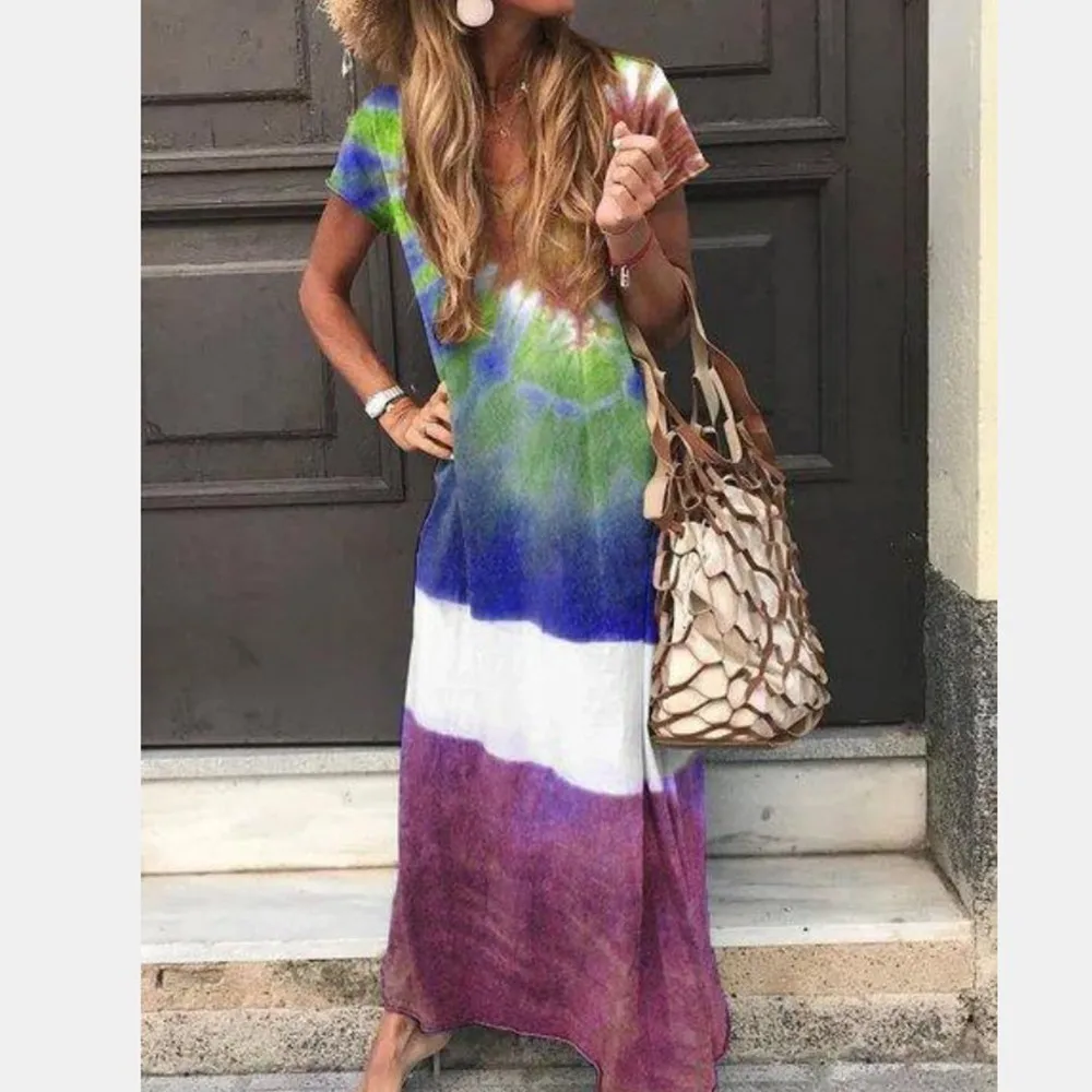 Женские Длинные Макси платья с цветным Ретро принтом v-образный вырез хлопок