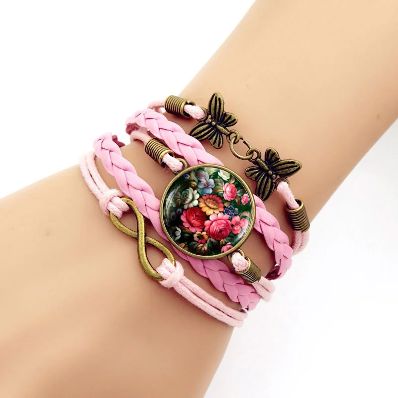 Многослойный Плетеный браслет ручной работы из кожи цветы жестово стеклянный
