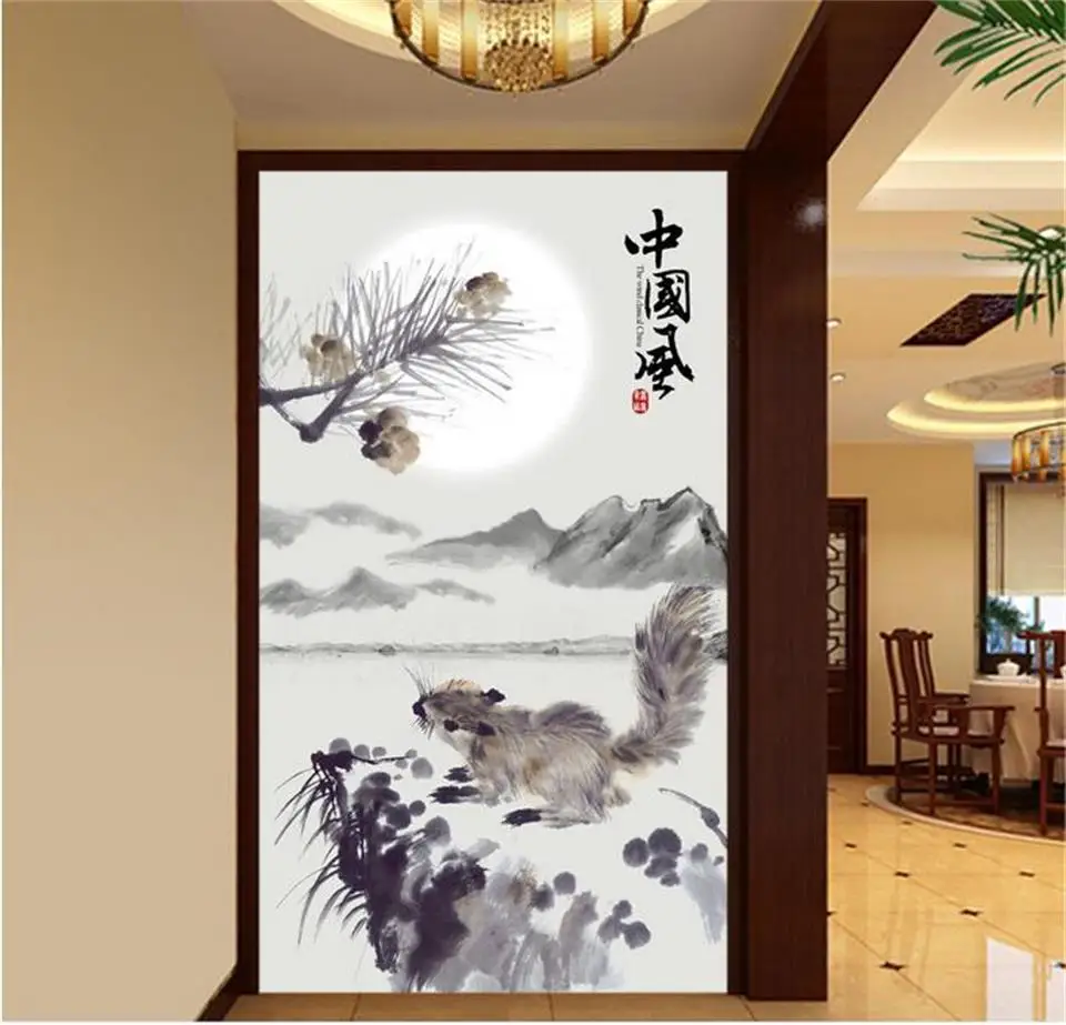 Custom 3d photo wallpaper porch entrance room mural Chinese style ink squirrel painting sofa background wall non-woven sticker |
