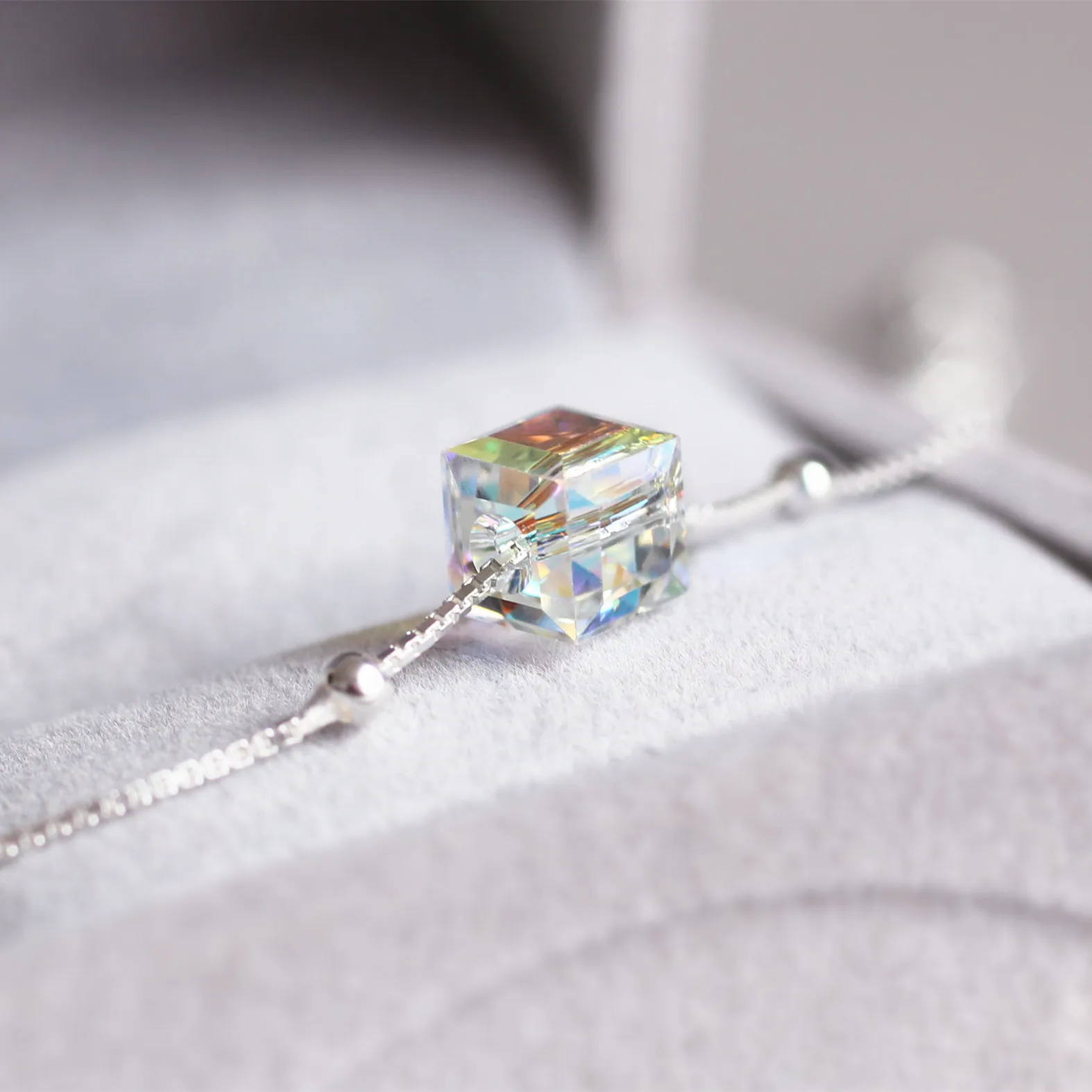 S925 Silver Bracelet Aurora Sugar Austrian Crystal Hand Jewelry Japanese and Korean Simple Fashion Sterling Chain | Украшения и