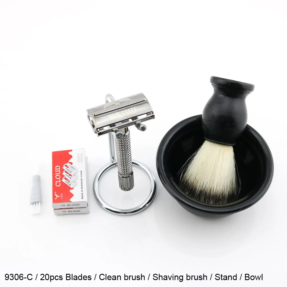9306-C SET2 Безопасная бритва Weishi 9306-F 9306-C Темно-серого цвета 9306-I Бронзовый Матовый Черный с подставкой+ 20 шт. лезвия+ чаша+ щетка для бритья, Новинка - Цвет: 9306-C SET2