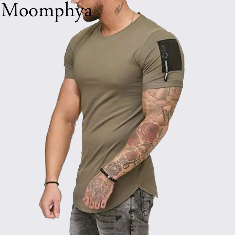 

Moomphya zipper shoulder streetwear hip hop summer men t shirt Longline curved hem tshirt slim funny t-shirt camisetas hombre