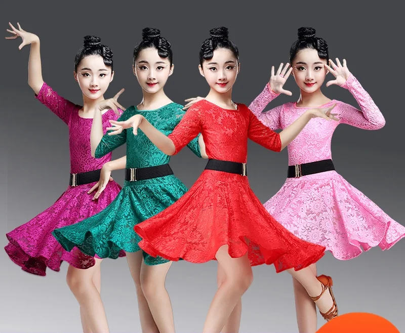 Детское кружевное платье с длинным рукавом красное/розовое/зеленое для бальных