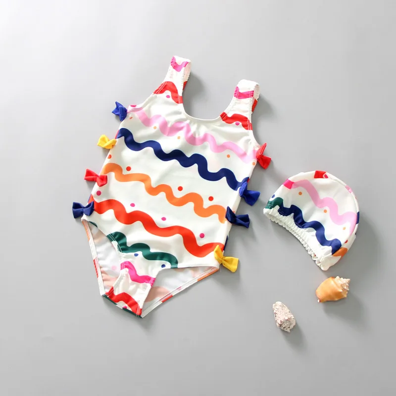 Детский купальный костюм для девочек в полоску с бантом комбинезон без рукавов