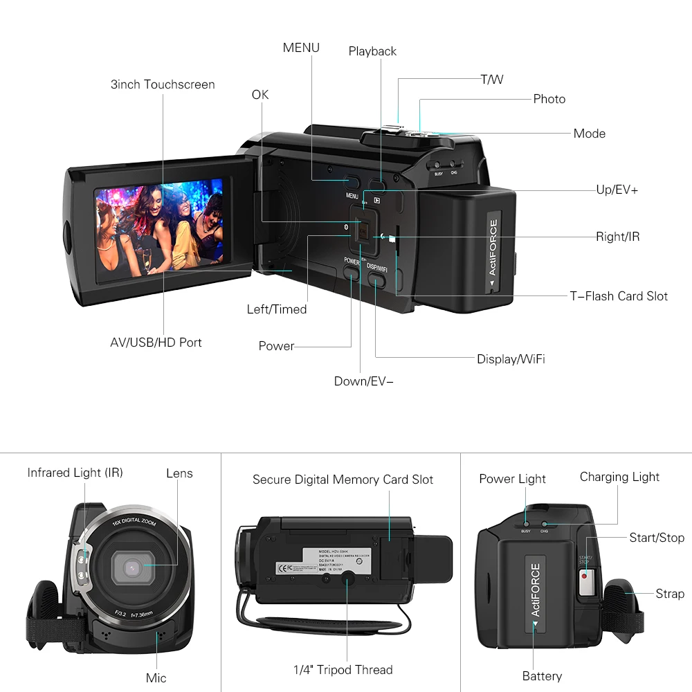 Andoer HDV-534K 4K 48MP WiFi цифровая видеокамера 1080P Full HD Novatek " емкостный сенсорный экран Поддержка 16X зум Распознавание лица
