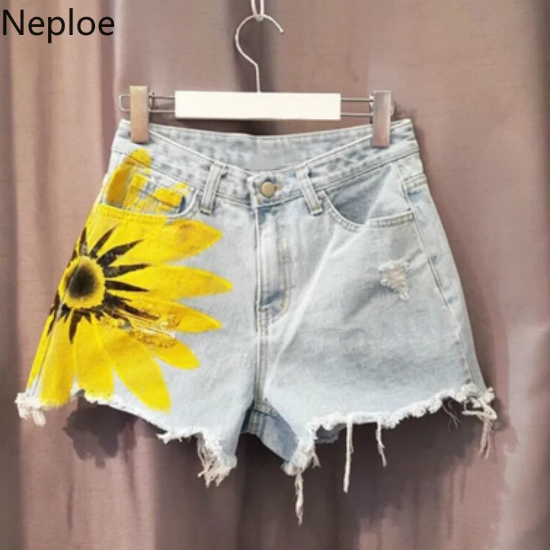 Женские джинсовые шорты с дырками и высокой талией корейские свободные широкими