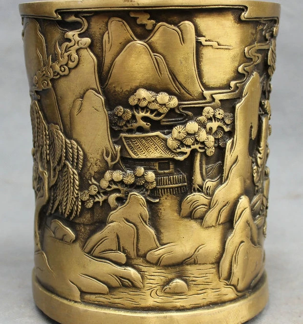Chinese Bronze Pine Tree Old Man Play Chess Statue Brush Pot Barrel Pencil Vase 8.06 | Дом и сад