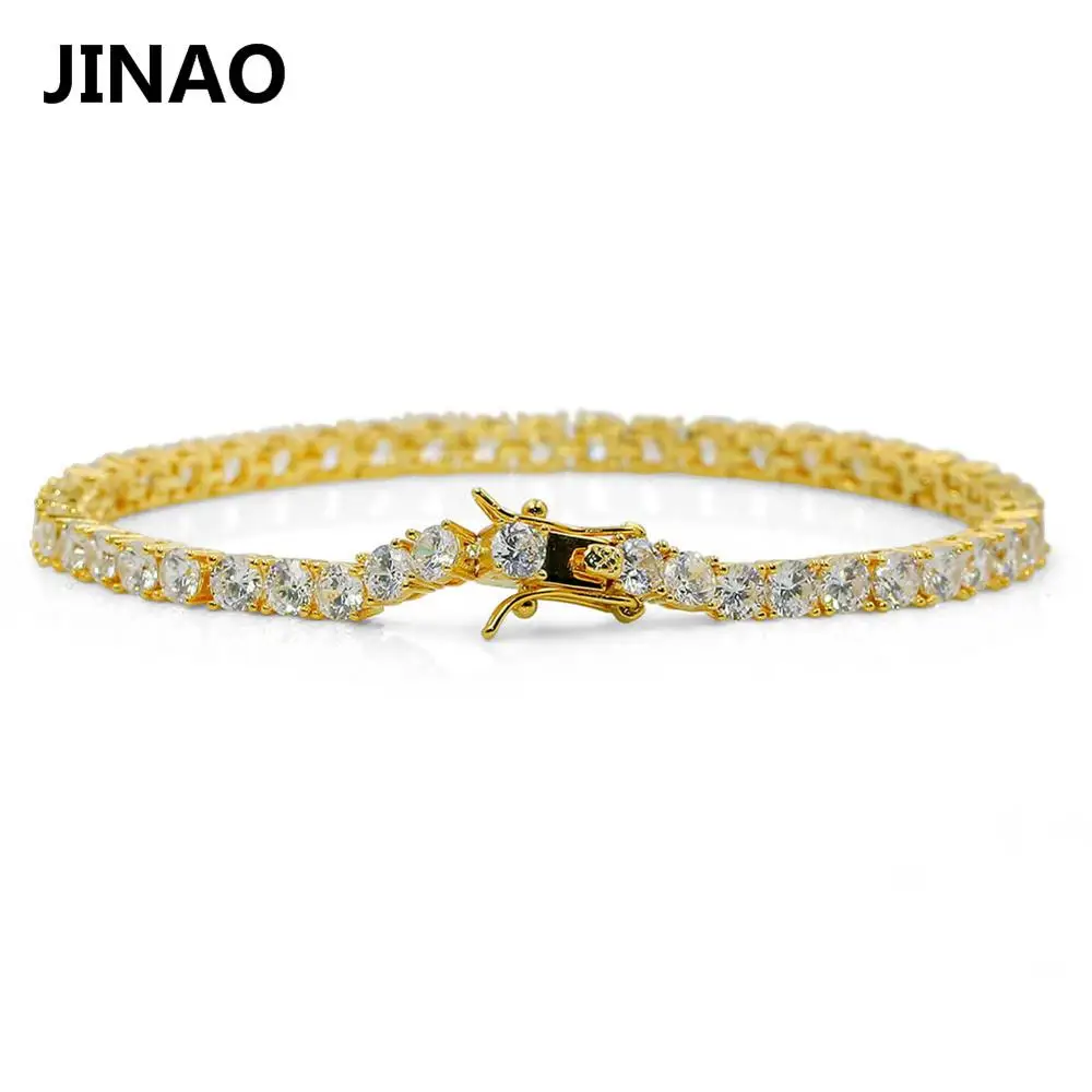 Gold JINAO, браслет в стиле хип-хоп, 1 ряд, золото, серебро, AAA, кубический цирконий, вымощенный, весь, со льдом, для тенниса, Bling Lab, CZ камни, браслет, подарок, вечерние - Окраска металла: Gold
