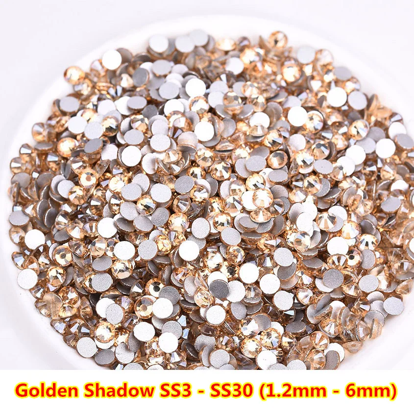 

2018 New arrival Golden Shadow Non hot fix Nail Rhinestones Crystal swarovsky gold champange Loose Strass for Nails Decorations