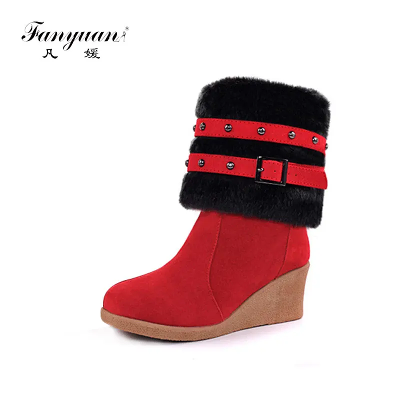 

fanyuan Size 34-43 Flock Snow Boots for women Winter Warm Furry Round Toe Buckle Rivet Anti-slip Wedges Boots Footwears S662