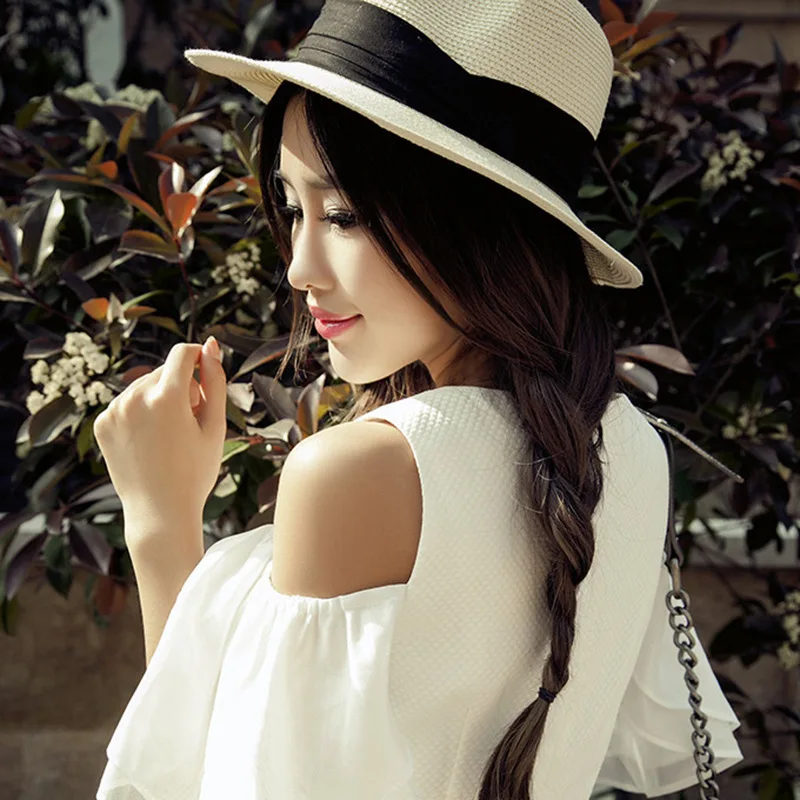 Шляпа женская Соломенная пляжная Панама с черной лентой модная лето|hat uv|sunhats