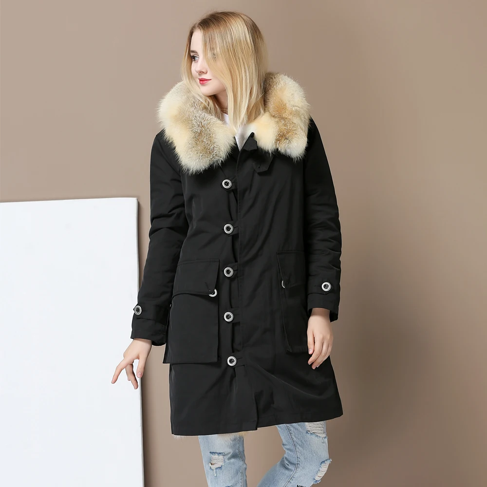 Женское пальто с капюшоном и воротником из лисьего меха теплая парка подкладкой