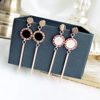 yun ruo fashion black white roman number shell stud earring woman rose gold color titanium steel jewelry birthday gift not fade