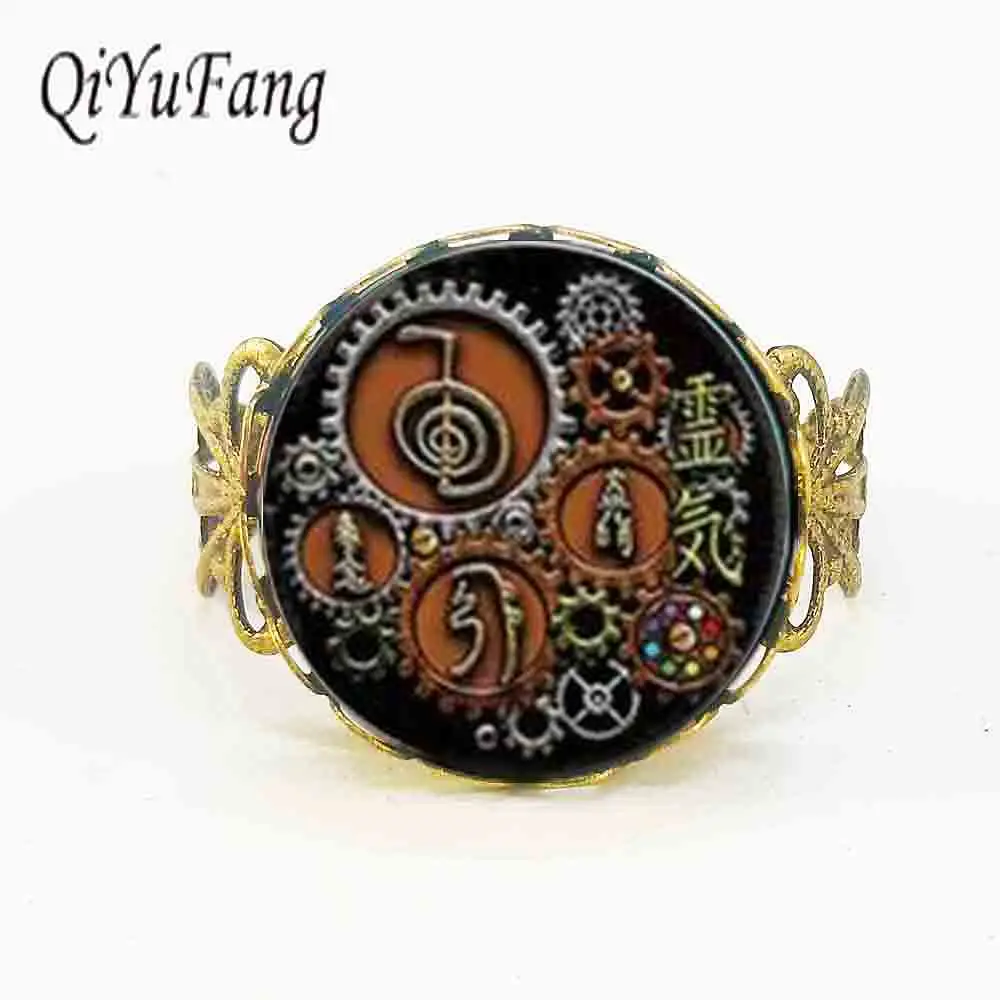 

1PCS/lot Reiki Symbols in Steampunk design Ring Glass cabochon Rings leather chain new fashion christmas gift friendship