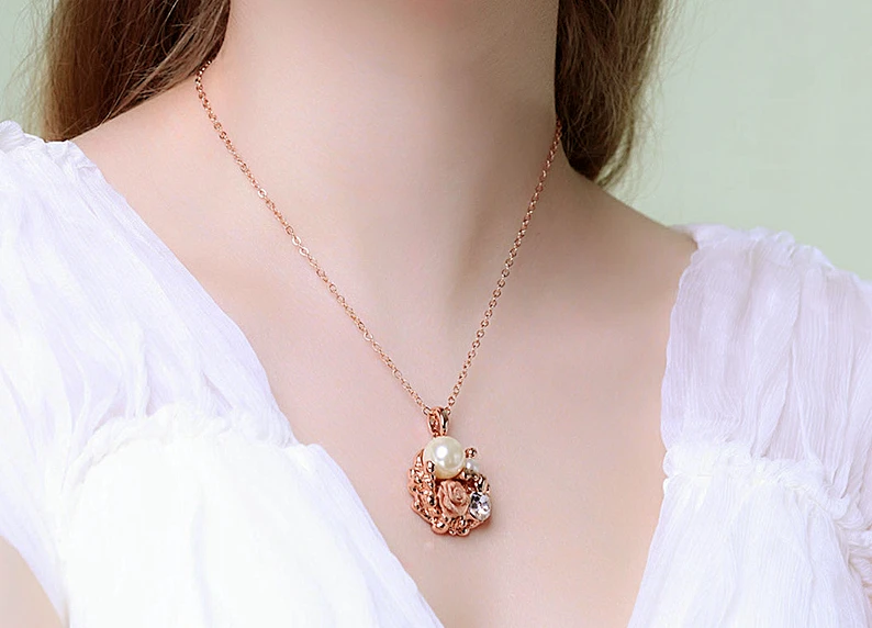 Женское Ожерелье с кулоном и искусственным жемчугом розовое золото|necklace