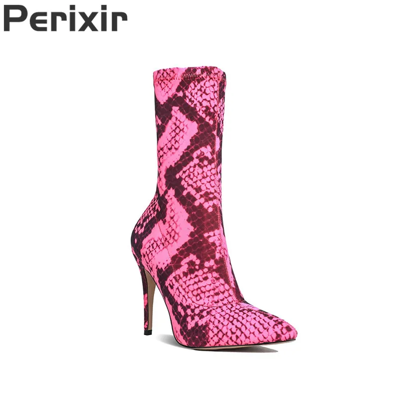

Perixir/весенние женские ботильоны; Женские короткие ботинки; Сезон осень; Модные носки из эластичной ткани с принтом; Ботинки с острым носком н...