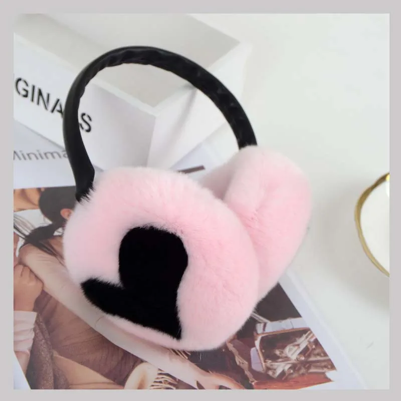 pink black Ms. MinShu настоящие меховые наушники для девочек, женские меховые наушники с кроликом, рождественский подарок, милые теплые зимние теплые Наушники унисекс - Цвет: pink black