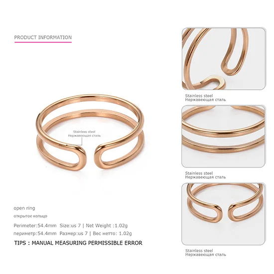 Rose Gold Color Ring Нержавеющая сталь кольца для женщин открытым Регулируемый двойные кольца в золото Цвет свадьбы юбилей подарки eManco - Цвет основного камня: Rose Gold Color Ring