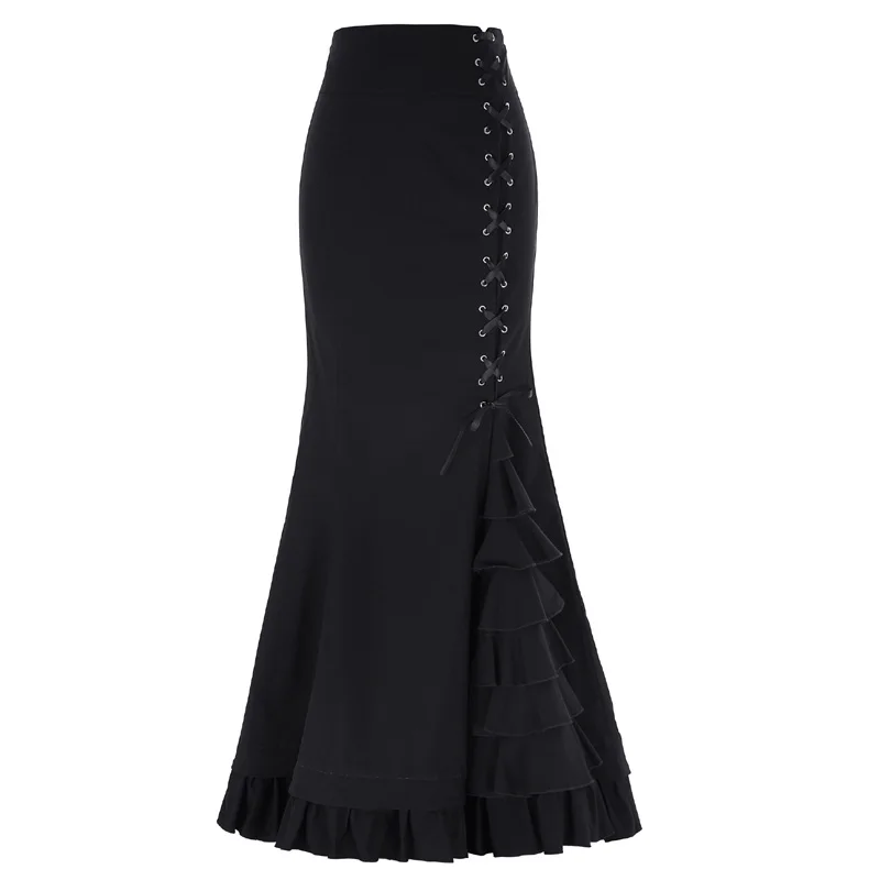 Black Belle Poque, женские юбки, бандажные юбки, Ретро стиль, элегантные, высокая талия, оборки, шнуровка, длинная, повседневная, Русалка, юбка-карандаш - Цвет: Black