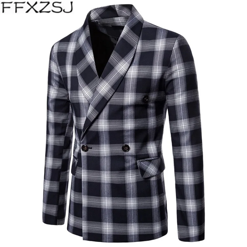 FFXZSJ New Arrival Hot Sale Business Mens Blazer Casual Blazers Men Lattice Formal Jacket Double-Breasted Dress Suit Jackets | Мужская