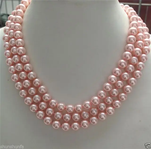 

Charming 3Row 8mm South Pink Sea Shell Pearl Necklace 17--19"