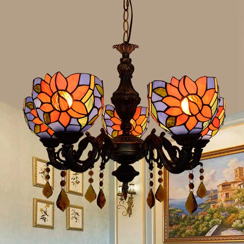 

American garden, Mediterranean, Tiffany, coloured glass restaurant, bedroom bar, sunflower 5 hanging lights.
