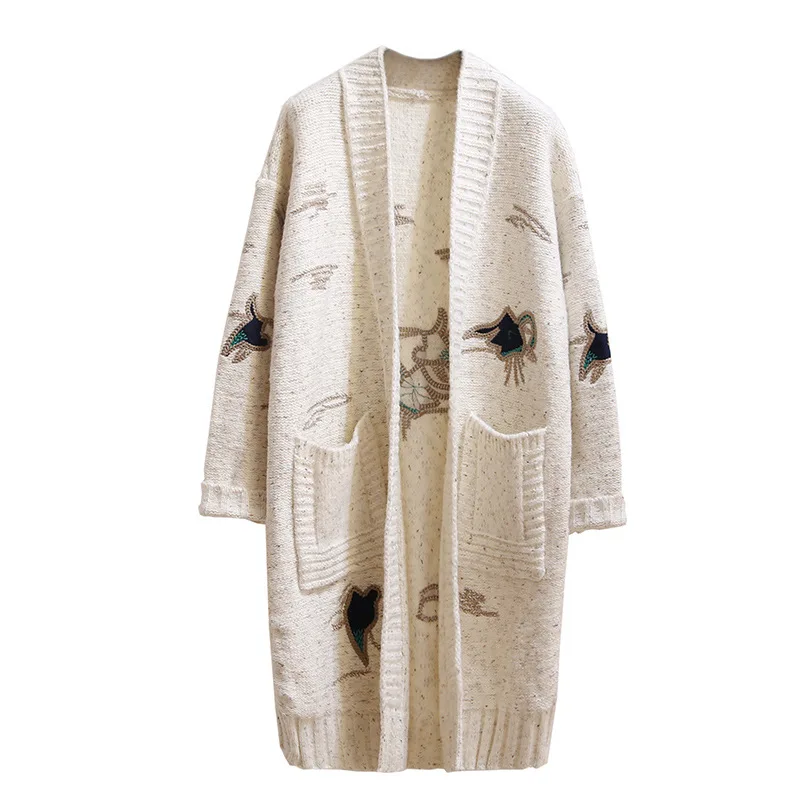 Кардиган с вышивкой женское зимнее кимоно Женский вязаный Ретро свитер средней