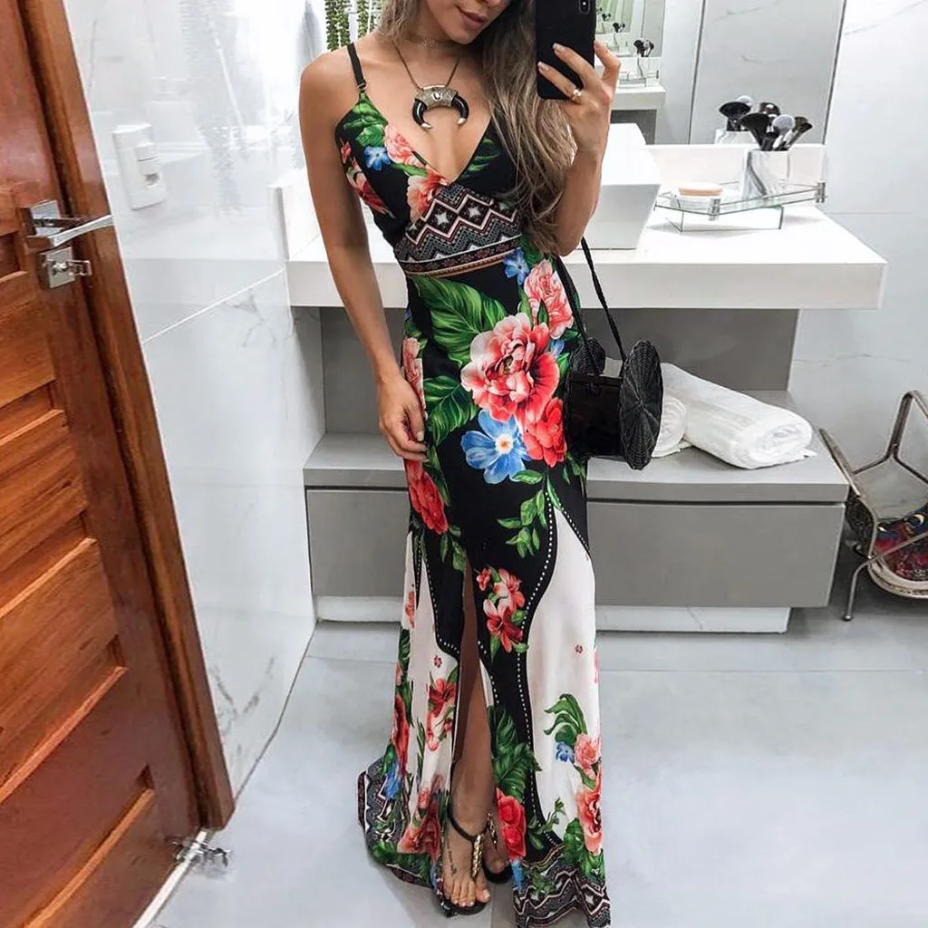 Женское винтажное платье с цветочным принтом Boho повседневное длинное без