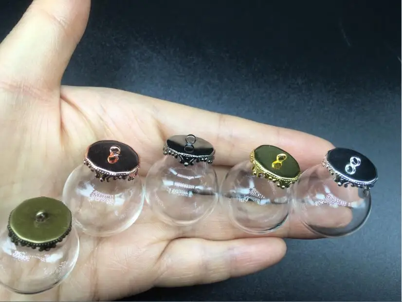 

3sets 25*15mm transparent round glass globes 5 colors metal flower base tray jewelry necklace vial pendant DIY wishing bottles