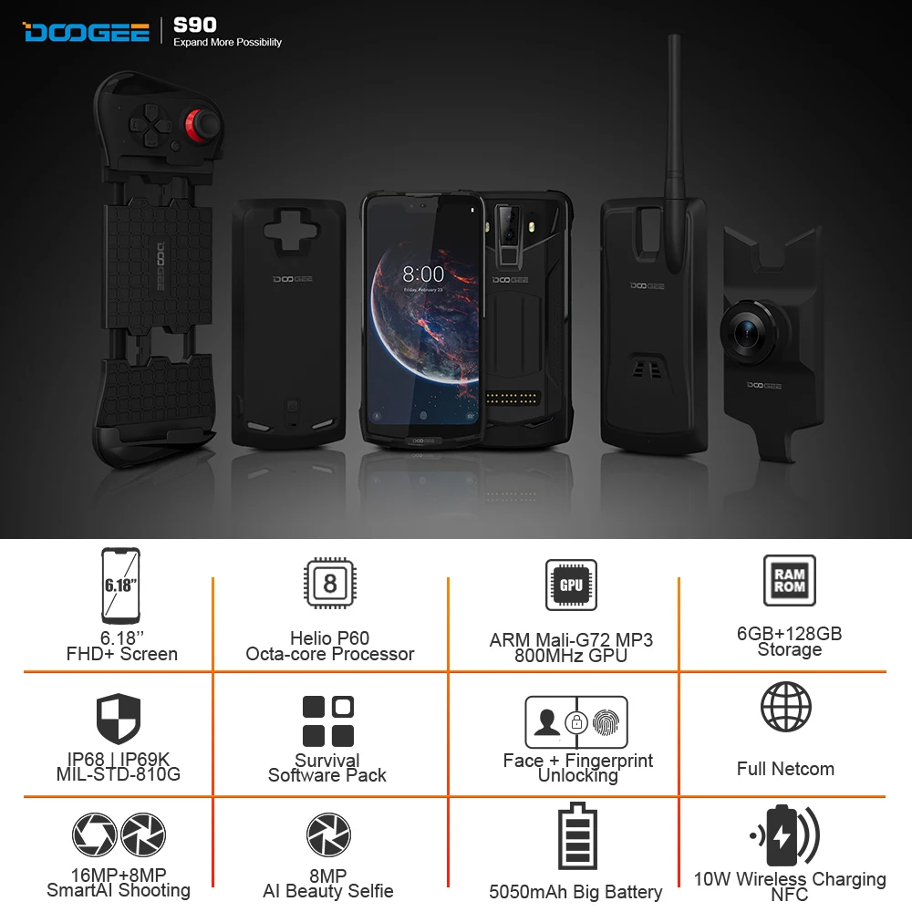 Модульный смартфон DOOGEE S90 Helio P60 восемь ядер NFC 6 18 дюймовый дисплей FHD+ ГБ+128 ГБ IP68/IP69K