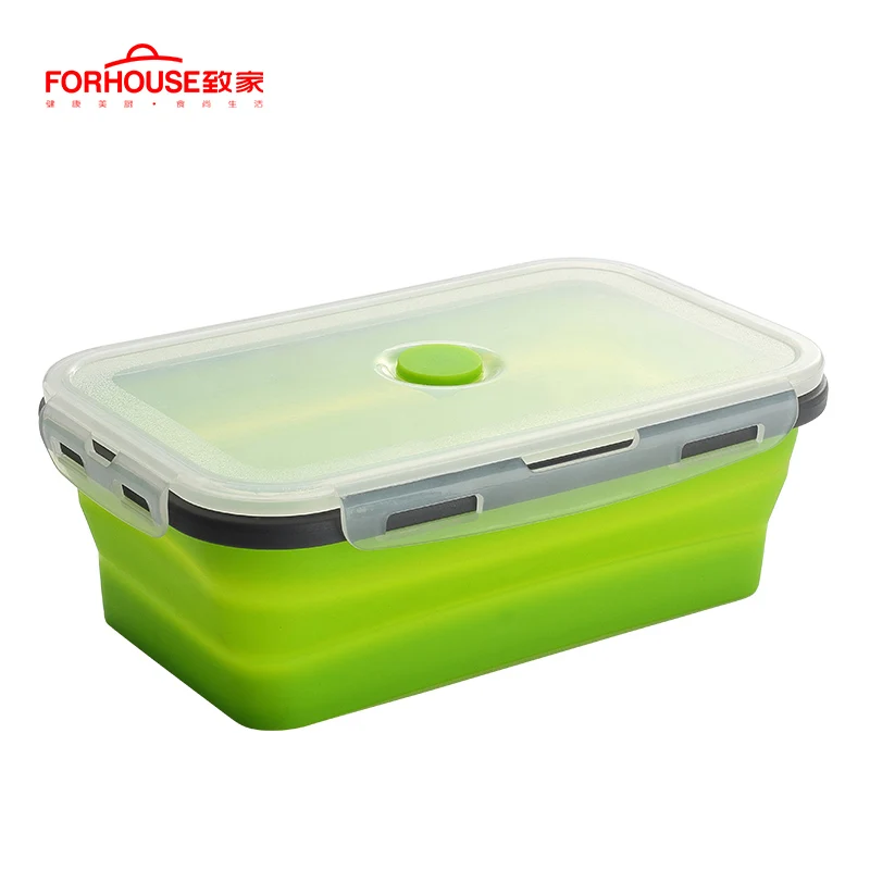 Силиконовый складной Ланч-бокс, контейнер для хранения еды, Bento BPA Free, Microwavable, портативный, для пикника, кемпинга, прямоугольная, открытая коробка - Цвет: green lunch box