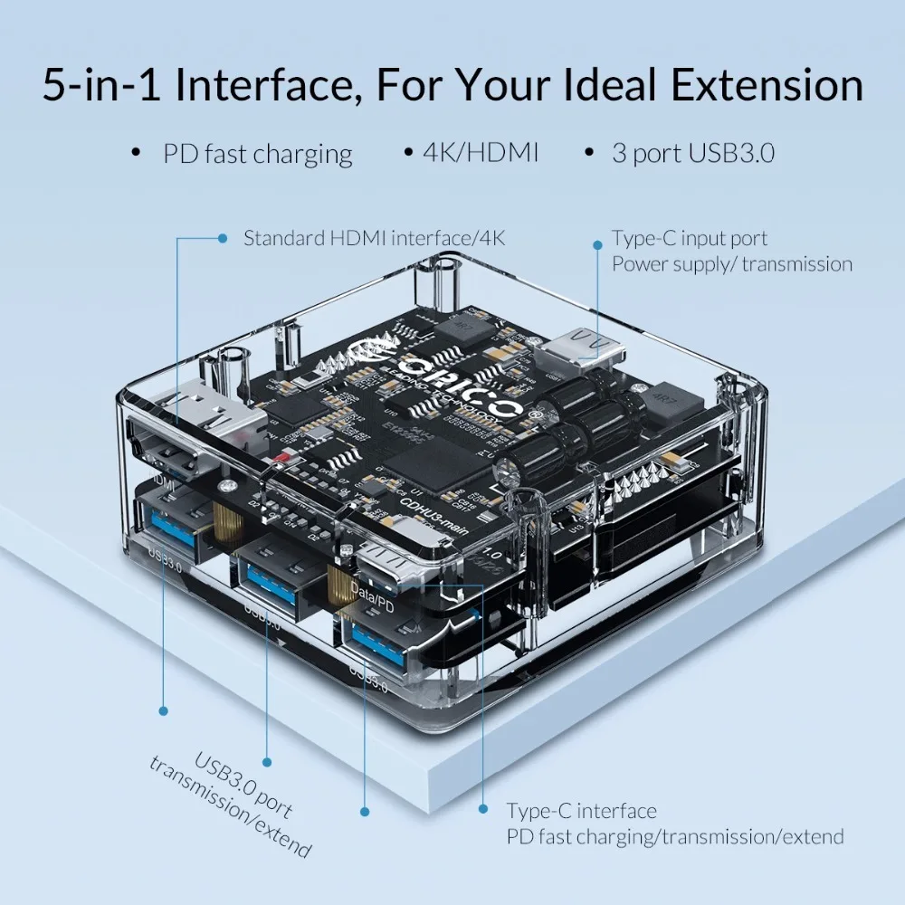 ORICO 5-в-1 Тип с разъемами типа C и Тип-C/HDMI/USB3.0 Порты концентратор прозрачный usb-концентратор изображения 4K 1G за считанные секунды передачи многофункциональный концентратор