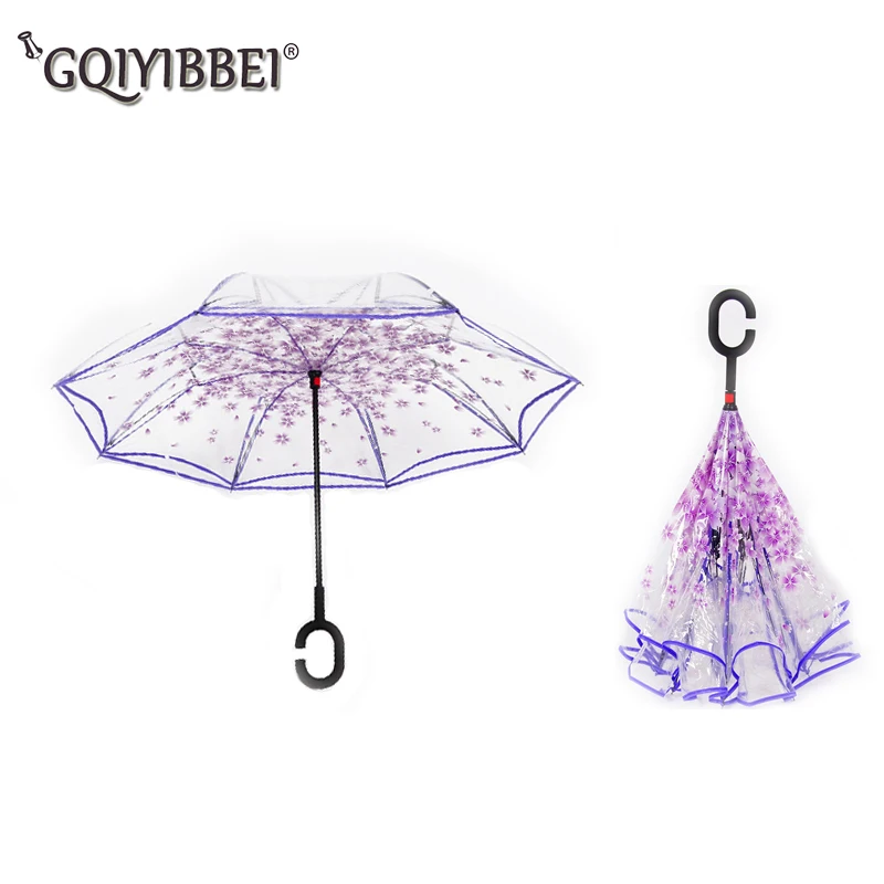 GQIYIBBEI двухслойный прозрачный обратный Зонт с c-образной ручкой Sakura, мужской перевернутый Зонт от дождя, Женский дождевик для использования в автомобиле
