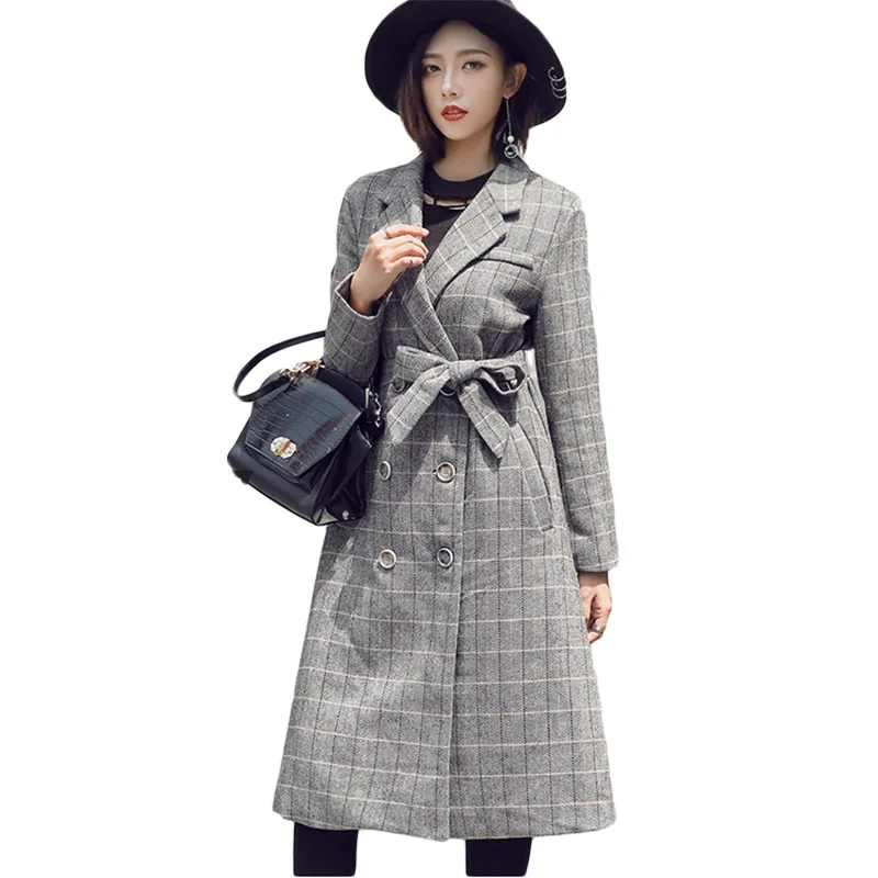 VogorSean Winter New Women Wool Blends Coat Jacket 2018 Temperament Fashion Double Breasted Belt Waist Lattice Ladies Long Coats | Женская